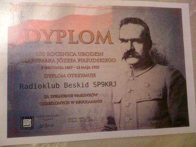 dyplom 150 lat urodzin marszałka Józefa Piłsudskiego